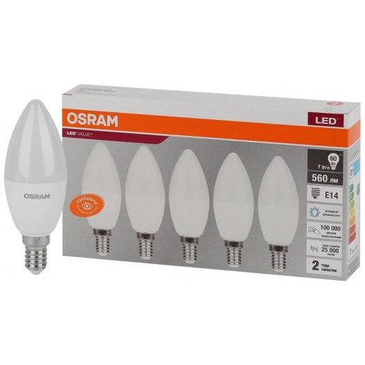 Лампа светодиодная LED Value LVCLB60 7SW/865 свеча матовая E14 230В 2х5 RU (уп.5шт) OSRAM 4058075577985
