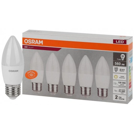 Лампа светодиодная LED Value LVCLB60 7SW/830 свеча матовая E27 230В 2х5 RU (уп.5шт) OSRAM 4058075578012