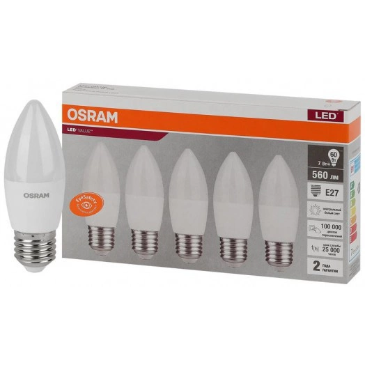 Лампа светодиодная LED Value LVCLB60 7SW/840 свеча матовая E27 230В 2х5 RU (уп.5шт) OSRAM 4058075578043