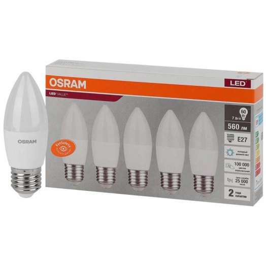 Лампа светодиодная LED Value LVCLB60 7SW/865 свеча матовая E27 230В 2х5 RU (уп.5шт) OSRAM 4058075578074