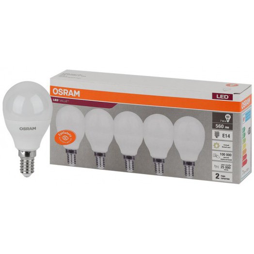 Лампа светодиодная LED Value LVCLP60 7SW/830 шар матовая E14 230В 2х5 RU (уп.5шт) OSRAM 4058075578104