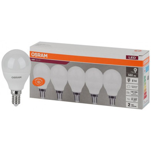 Лампа светодиодная LED Value LVCLP60 7SW/840 шар матовая E14 230В 2х5 RU (уп.5шт) OSRAM 4058075578135