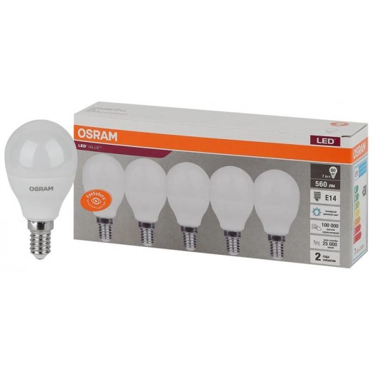 Лампа светодиодная LED Value LVCLP60 7SW/865 шар матовая E14 230В 2х5 RU (уп.5шт) OSRAM 4058075578166