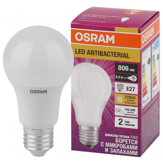 Лампа светодиодная LED Antibacterial A 8.5Вт грушевидная матовая 2700К тепл. бел. E27 806лм 220-240В угол пучка 200град. бактерицидн. покрыт. (замена 75Вт) OSRAM 4058075560994