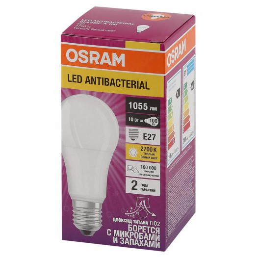 Лампа светодиодная LED Antibacterial A 10Вт грушевидная матовая 2700К тепл. бел. E27 1055лм 220-240В угол пучка 200град. бактерицидн. покрыт. (замена 100Вт) OSRAM 4058075561076