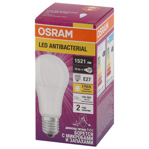 Лампа светодиодная LED Antibacterial A 13Вт грушевидная матовая 2700К тепл. бел. E27 1521лм 220-240В угол пучка 200град. бактерицидн. покрыт. (замена 150Вт) OSRAM 4058075561175