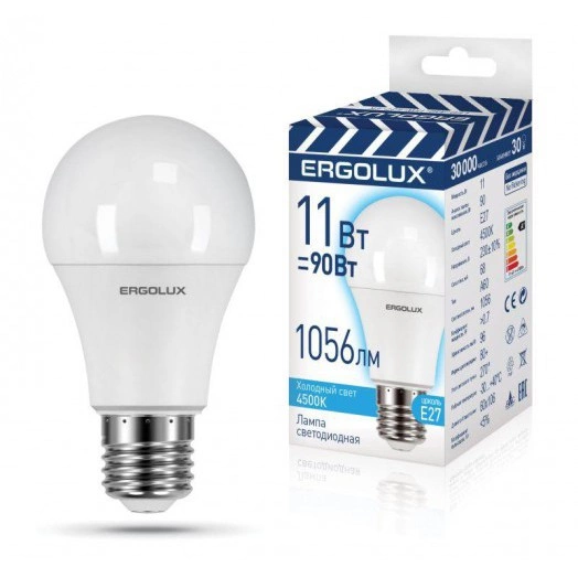 Лампа светодиодная LED-A60-11W-E27-4K ЛОН 11Вт Е27 4500К 220-240В ПРОМО Ergolux 14459