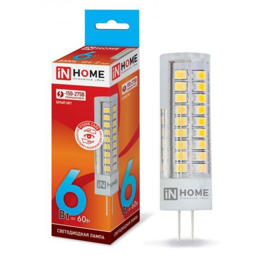 Лампа светодиодная LED-JCD 6Вт 4000К нейтр. бел. G4 570лм 230В IN HOME 4690612036144
