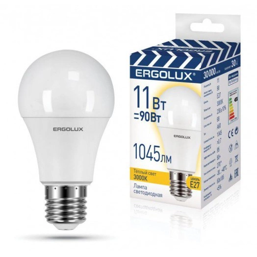 Лампа светодиодная LED-A60-11W-E27-3K "ПРОМО" ЛОН 11Вт Е27 3000К 220-240В Ergolux 14458