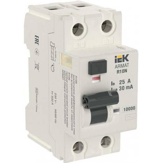 Выключатель дифференциального тока 2п 25А 30мА тип AC ВДТ R10N ARMAT IEK AR-R10N-2-025C030