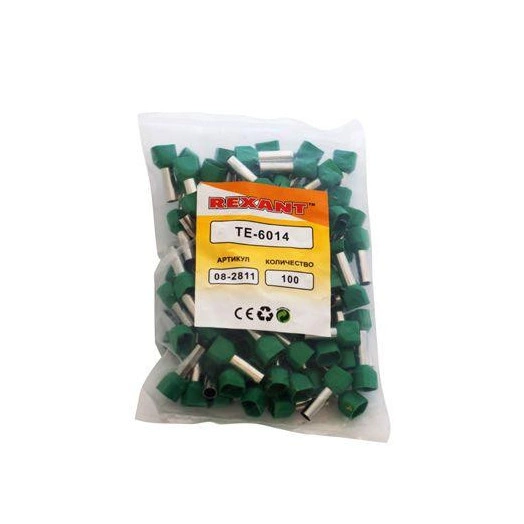 Наконечник штыревой втулочный изолир. (НШВИ F-14мм) 2х6кв.мм (TE-6014) зел. REXANT 08-2811 Наконечник штыревой втулочный изолир. (НШВИ F-14мм) 2х6кв.мм (TE-6014) зел. REXANT 08-2811