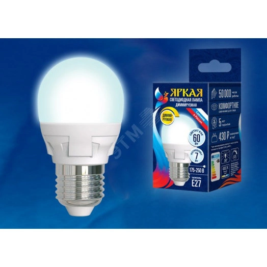 LED-G45 7W/4000K/E27/FR/DIM PLP01WH Лампа светодиодная, диммируемая. Форма «шар», матовая. Серия Яркая. Белый свет (4000K). Картон. ТМ Uniel.