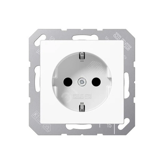 Штепсельная розетка SCHUKO одинарная, с заземлением, без шторок, 16A, 250В  (механизм + накладка, без рамки). Серия A500  Материал- термопласт  Цвет- белый