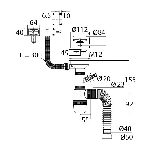 Сифон ЭЛИТ с нержавеющей чашкой D114 мм с переливом с гофротрубой L800 мм 3'1/2 - D40/50
