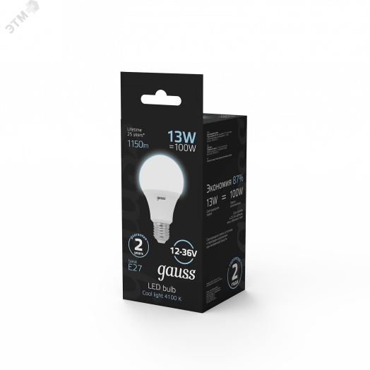 Лампа светодиодная LED 13 Вт 1150 Лм 4100K белая E27 A60 AC/DC 12-36 В Black Gauss