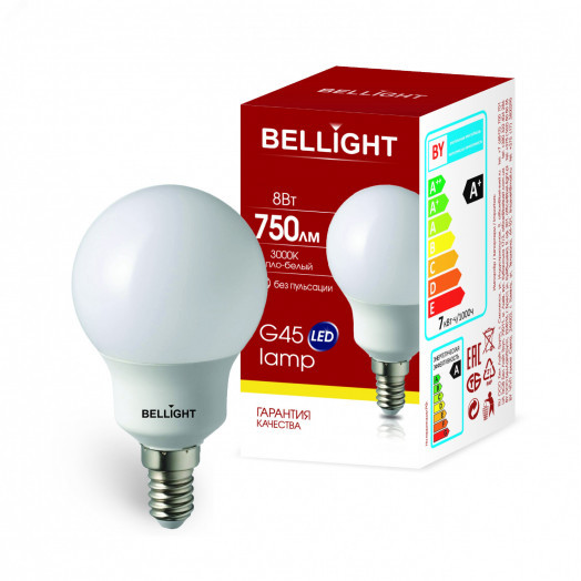 Лампа светодиодная LED 8Вт 3000K 750Лм E14 Шар Bellight