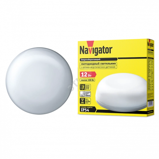 Светильник светодиодный ДБП-12w с оптико-акустическим датчиком 4000K 900Лм круглый пластиковый IP54 белый