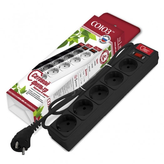 Сетевой фильтр ''СОЮЗ'' ПВС 3*0,75 5гн., 1,8 м вы ключатель с индикацией, с/з, черный, премиум упаковка