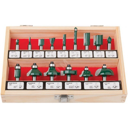 Фрезы по дереву кромочные, набор 15 шт, деревянный бокс, хвостовик 8 мм