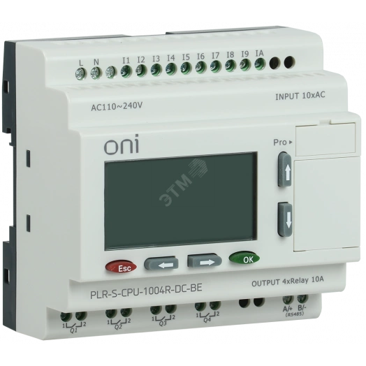 Программируемое логическое реле ONI. Расширяемая версия. Со встроенным экраном. 10 дискретных входов (6 как 0-10В, 4 до 60кГц), 4 релейных выхода. Встроенный RS485. Напряжение питания 24В DC