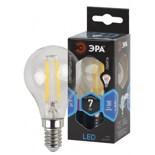 Лампа светодиодная филаментная F-LED P45-7W-840-E14 (филамент, шар, 7Вт, нейтр, E14 (10/100/3000) ЭРА