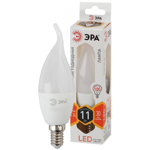 Лампа светодиодная LED BXS-11W-827-E14 (диод, свеча на ветру, 11Вт, тепл, E14 (10/100/2800) ЭРА