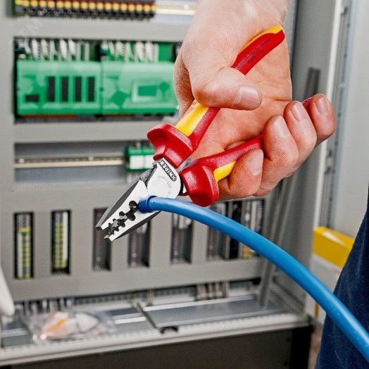 Пресс-клещи для обжима контактных гильз VDE 1000V 9 гнезд 025-16мм (AWG 23-5) L=180мм диэлектрические двухкомпонентные рукоятки крепление для страховки блистер