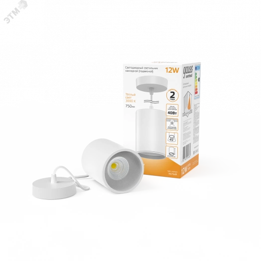 Светильник светодиодный ДПО 12 Вт 750 Лм 3000К цилинндр на подвесе 170-240 В 79х100 мм IP20 белый LED Overhead Gauss