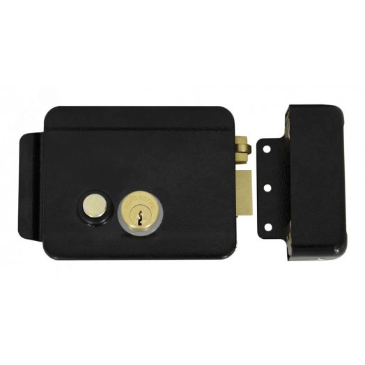 Замок электромеханический, накладной, универсальный (дверь наружу, внутрь), ролик взвода пружины, блокировка ключом в закрытом состоянии, сталь,цвет черный