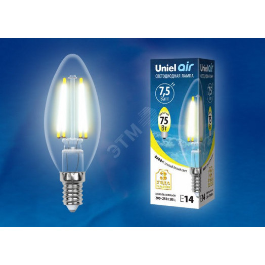 LED-C35-7,5W/WW/E14/CL GLA01TR Лампа светодиодная. Форма ''свеча'', прозрачная. Серия Air. Теплый белый свет (3000K). Картон. ТМ Uniel