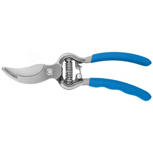 Секатор, режущие кромки внахлест, усиленная пружина, цельнокованый, ПВХ изогнутые ручки 215 мм