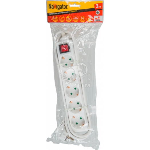 Удлинитель бытовой с выключателем 5 розеток шнур 3м с заземлением