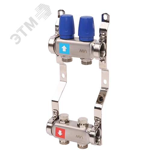 Коллекторная группа с ручными регулировочными клапанами 1' х 2 выхода 3/4' НР евроконус