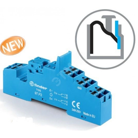 Розетка с безвинтовыми клеммами Push-in для реле 46.61, применяются модули 86.30, 99.02, в комплекте металлическая клипса 097.71, версия:  серый цвет, для ЖД-приложений