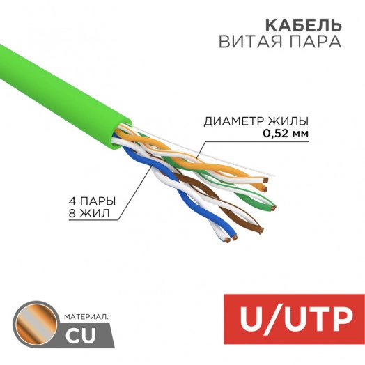 Кабель витая пара U/UTP CAT 5e нг(А)-LSLTx 4PR 24AWG INDOOR SOLID зеленый 305м