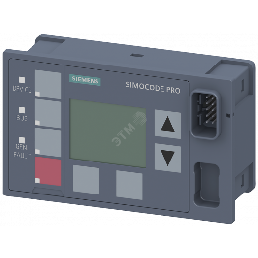 Панель управления с дисплеем для SIMOCODE pro V, монтаж в дверь или фронтальную панель шкафа управления. подключается к базовому модулю или модулю расширения, 7 светодиодов для индикации состояния и 4 назначаемых кнопки для локального управления