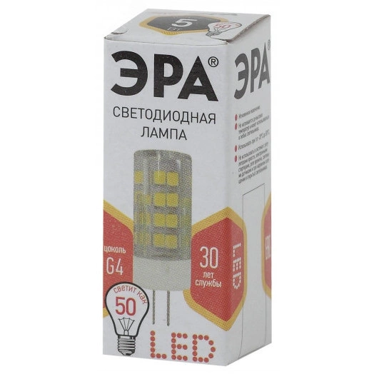 Лампы СВЕТОДИОДНЫЕ СТАНДАРТ LED JC-5W-220V-CER-827-G4 ЭРА (диод, капсула, 5Вт, тепл, G4)