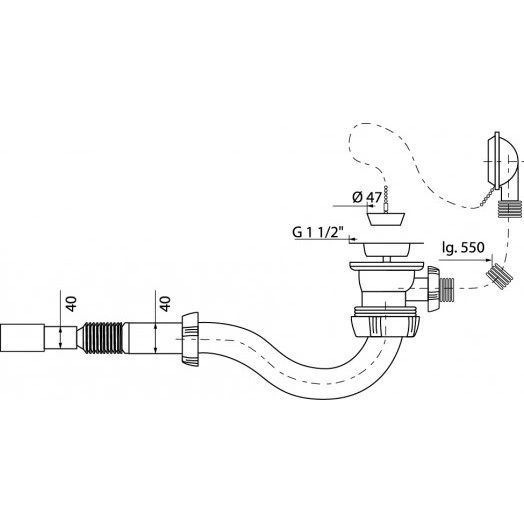 Слив-перелив с сифоном  S-образный 1'1/2 х 40 мм с гофротрубой 40 x 40/50 мм