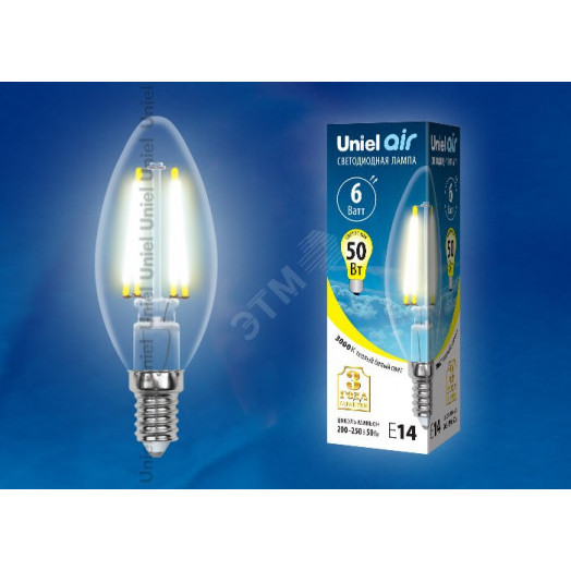 LED-C35-6W/WW/E14/CL GLA01TR Лампа светодиодная. Форма ''свеча'', прозрачная. Серия Air. Теплый белый свет (3000K). Картон. ТМ Uniel