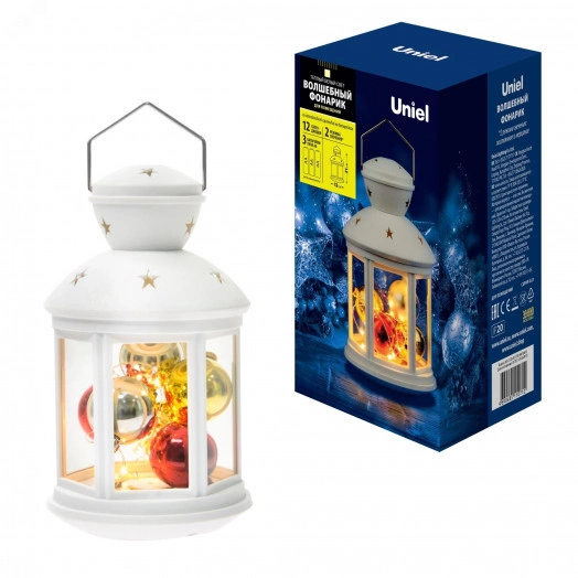 Фонарь со светодиодной гирляндой внутри на батарейке (не в/к) 12 светодиодов Теплый белый свет Режим мерцания Белый корпус 12*20 см ULD-L1220-012/TTB/WW WHITE