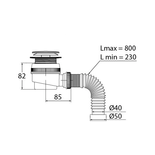 Сифон ЭЛИТ для душевого поддона с отверстием слива 50 мм, выпуск Клик-Клак и с гофротрубой 1'1/2- D40/50