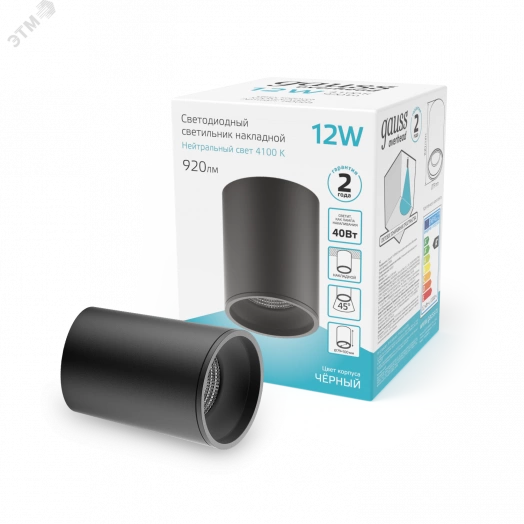 Светильник светодиодный ДПО 12 Вт 920 Лм 4100К цилинндр накладной 170-240 В 79х100 мм IP20 черный LED Overhead Gauss