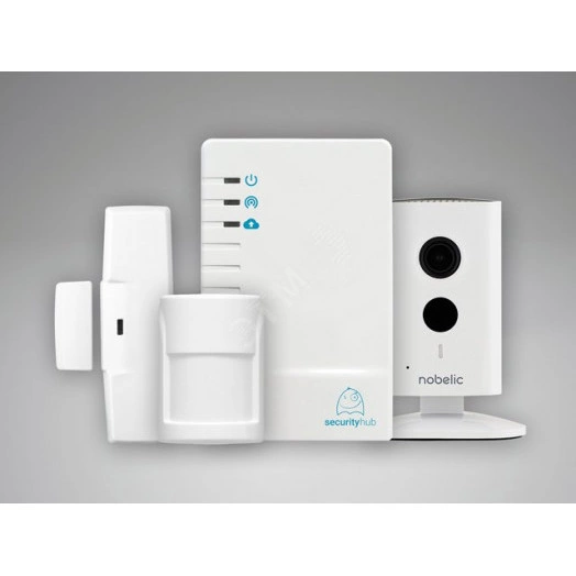 Комплект Security Hub с видеокамерой из контроллера Security Hub с аккумуляторной батареей, сетевого адаптера с кабелем USB, радиодатчиков движения и открытия двери/окна с элементами питания и видеокамеры