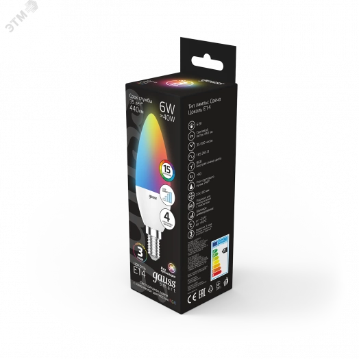 Лампа светодиодная LED 6 Вт RGB Вт+димирование E14 Свеча Black Gauss