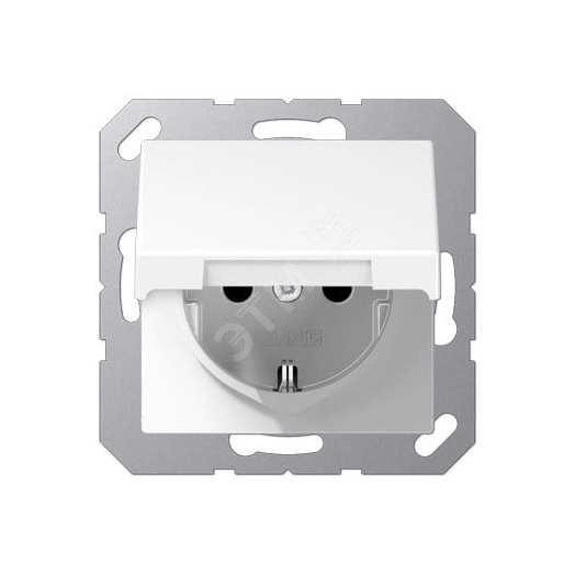 Штепсельная розетка SCHUKO одинарная, с заземлением, с крышкой, с шторками, 16A, 250В  (механизм + накладка, без рамки). Серия A500  Материал- дуропласт  Цвет- белый