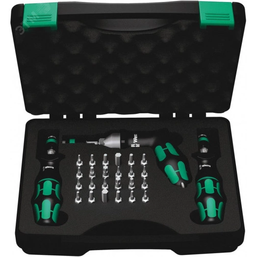 Набор динамометрических отвёрток 7445/46/47. Kraftform 25-550 дюйм фунт-сила 27 предметов комплектация: 2x Серия 7400 Kraftform Регулируемая динамометрическая Отвёртка (25-290 дюйм фунт-сила) с быстросменным патроном Rapidaptor: 7445x1/4x2.5-11.