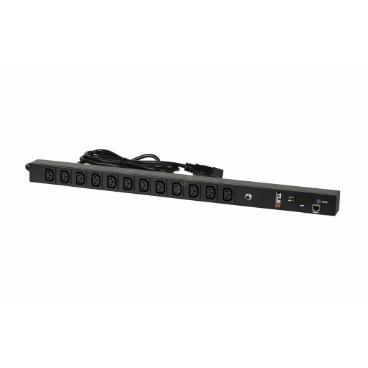 Блок розеток TLK Серия MN (Monitored) вертикальный 12 розеток C13 макс. нагрузка 16 А шнур питания 3 м. вилка С20 цифровое измерение силы тока на входе металлический корпус макс. мощность 4000 Вт 592*44*90 мм цвет черный.