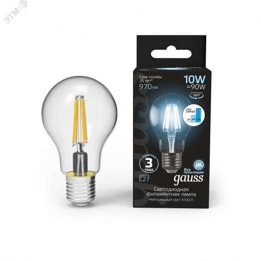 Лампа светодиодная LED 10 Вт 970 Лм 4100К белая Е27 А60 шаг. диммирование Filament Gauss