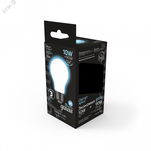 Лампа светодиодная LED 10 Вт 970 Лм 4100К белая Е27 А60 шаг. диммирование Filament Gauss