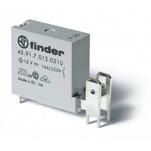 Миниатюрные PCB-реле, выводы с шагом 3мм + Faston 250(6.3x0.8мм), Контакты AgCdO, 1NO 16A,  Защита RTII